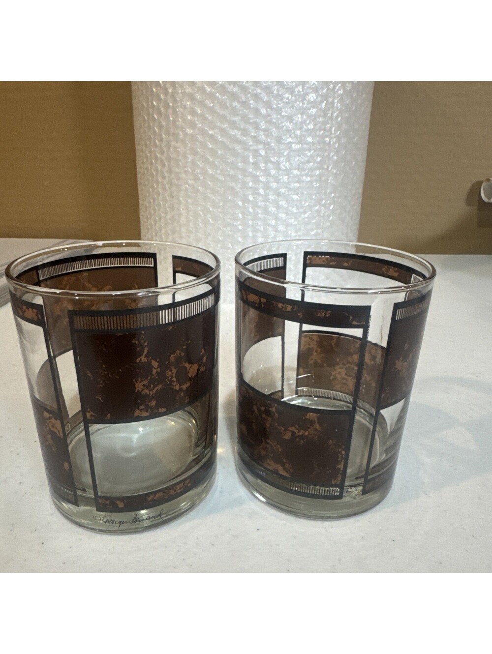 vintage Georges Briard Tortoise Window Pane double old-fashioned / rocks glass